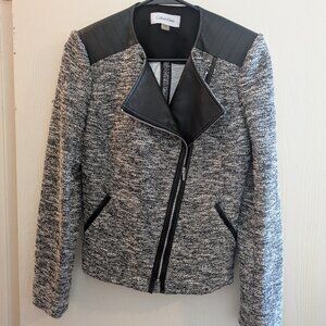 Calvin Klein Size 4 Women's Marled Asymmetrical Zip Black White Moto Jacket